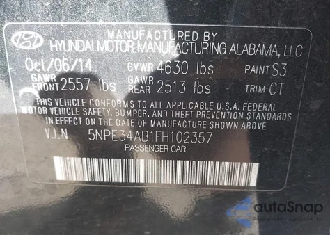 2015 Hyundai Sonata Sport 2.0T from USA, damaged, VIN 5NPE34AB1FH102357